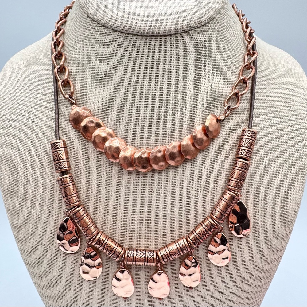 Premier Designs Copper Tone Hammered Tribal Double Strand Necklace Coin Leather